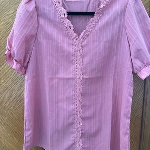 Chic Pink Lace-Trim Blouse